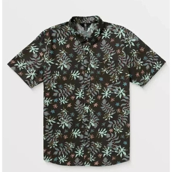 Volcom Warbler Men Size Small Black Tropical Reef Leaves Cotton Shirt Pocket NEW - Picture 1 of 11